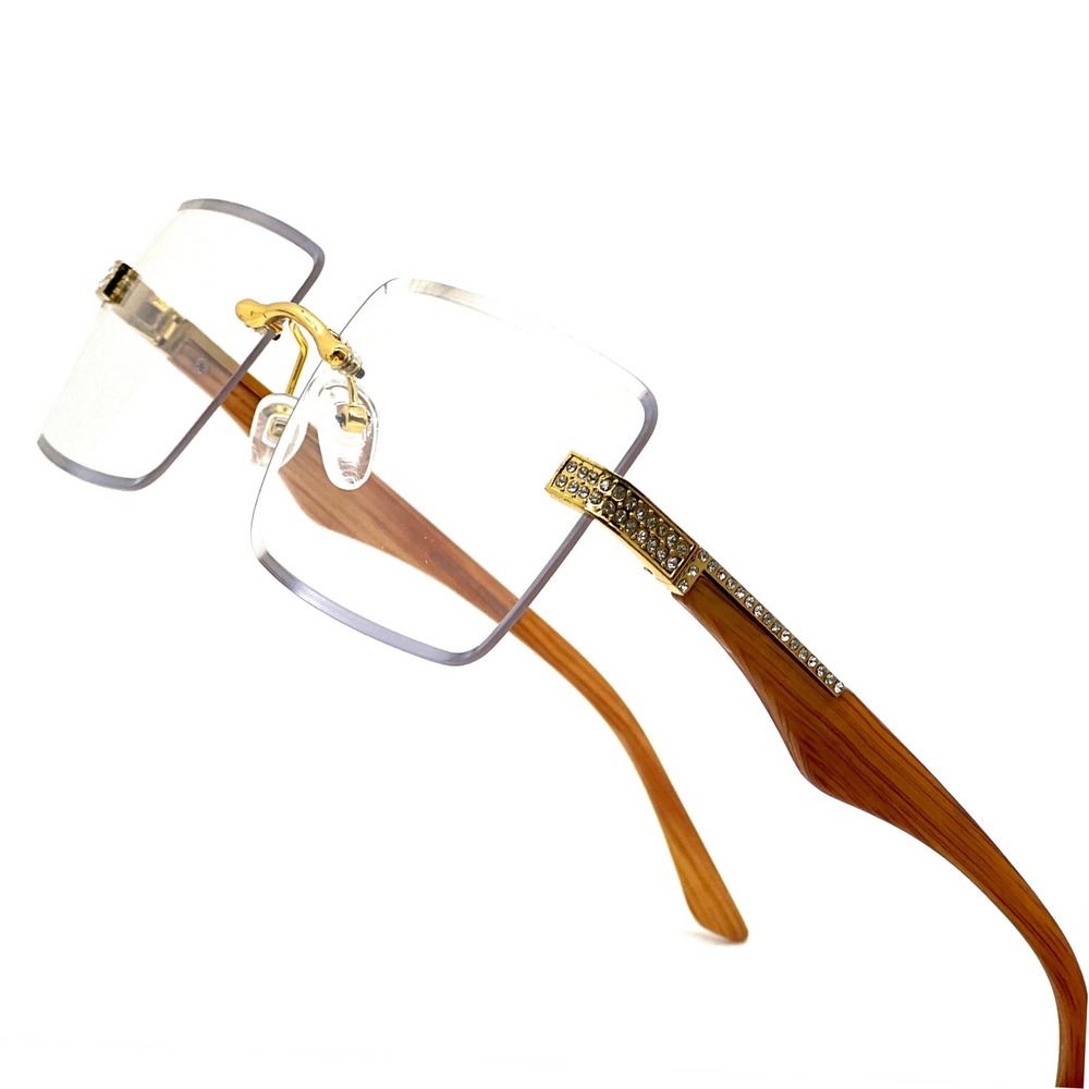 Rimless Rectangle Hip Hop Sunglasses Wood Grain Arms Rhinestone‎ Accents Men New